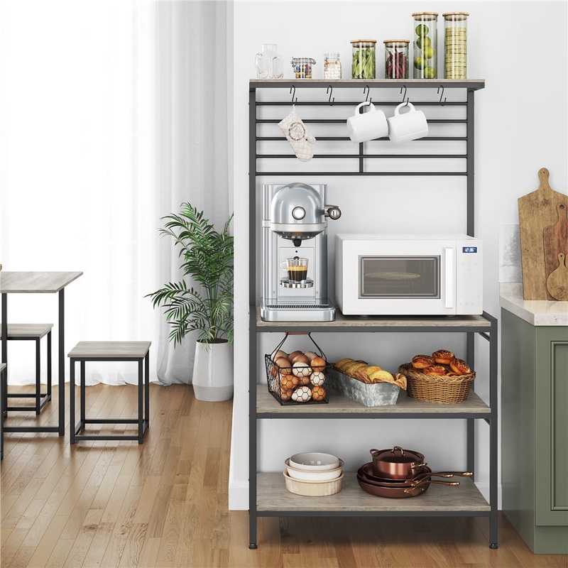 Easyfashion 4-Tier Kitchen Baker’s Rack with Hooks, Gray | Bigbigmart.com