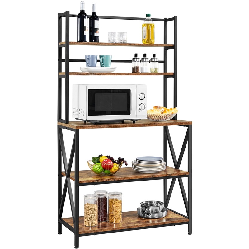 Easyfashion 5-Tier Bakers Rack with storage shelf and Adjustable Feet, Rustic Brown | Bigbigmart.com