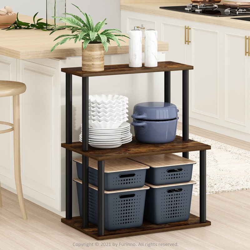 Furinno Turn-N-Tube 3-Tier Toolless Kitchen Storage Shelf, Amber Pine/Black | Bigbigmart.com