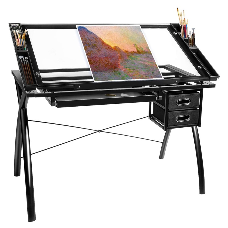 HEMBOR Adjustable Drafting Table Glass Top with Storage Drawers Black | Bigbigmart.com