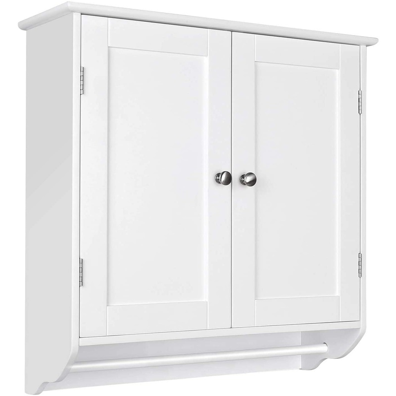 Homfa Bathroom Wall Cabinet, 23.6” W Over The Toilet Storage Cabinet with Double Door Cupboard and Adjustable Shelf and Towels Bar, White | Bigbigmart.com