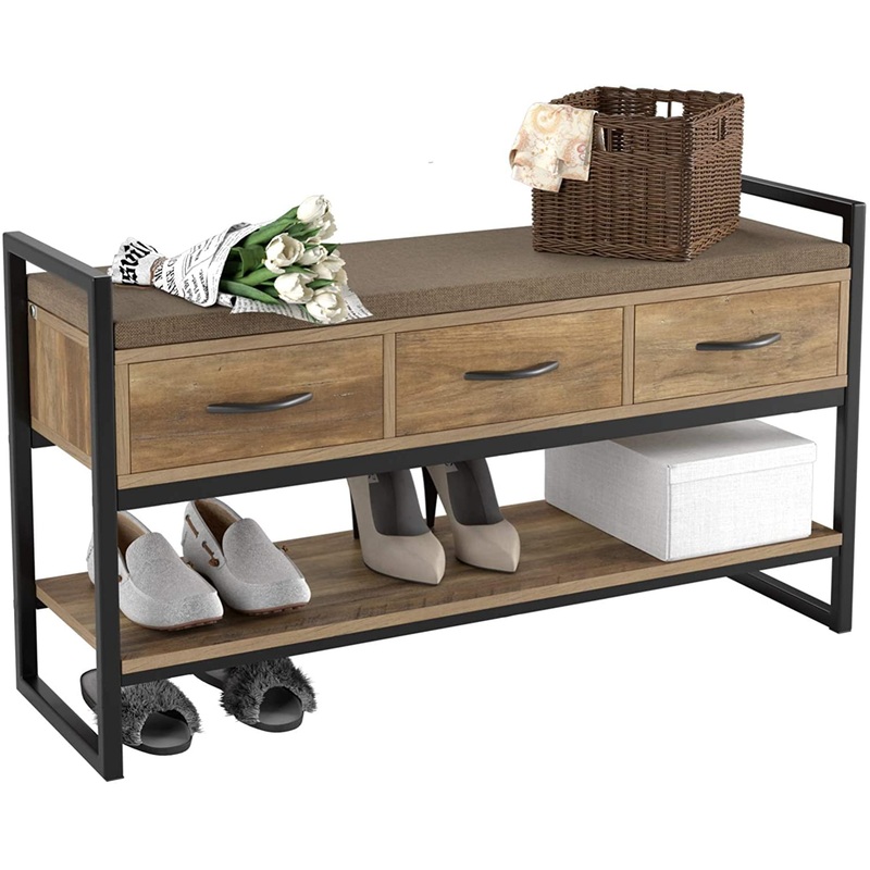 Homfa Entryway Shoe Bench, 2-tier Wood Entryway Shoes Rack with Padded Seat, 5-7 Pair of Shoes, Rustic Brown | Bigbigmart.com