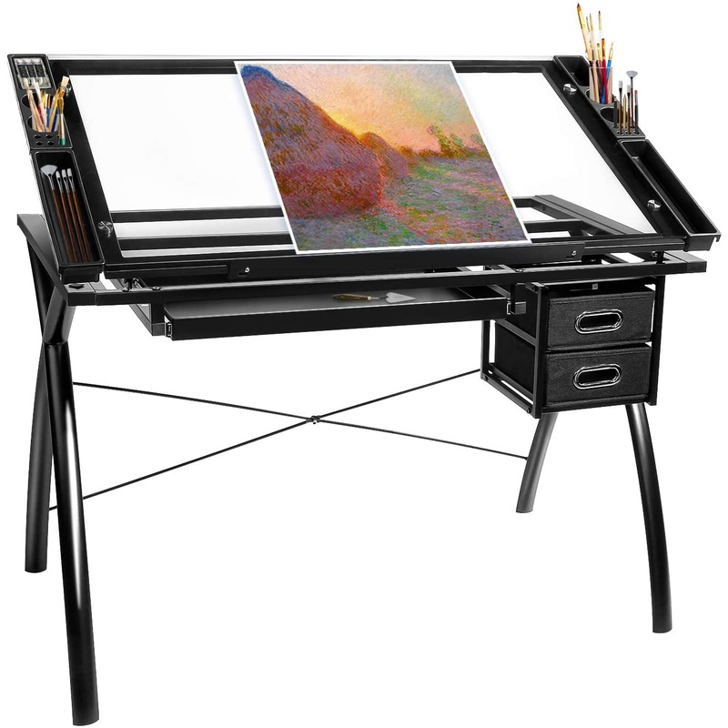 Increkid Adjustable Drafting Table Glass Tabletop Art Drawing Craft Desk | Bigbigmart.com