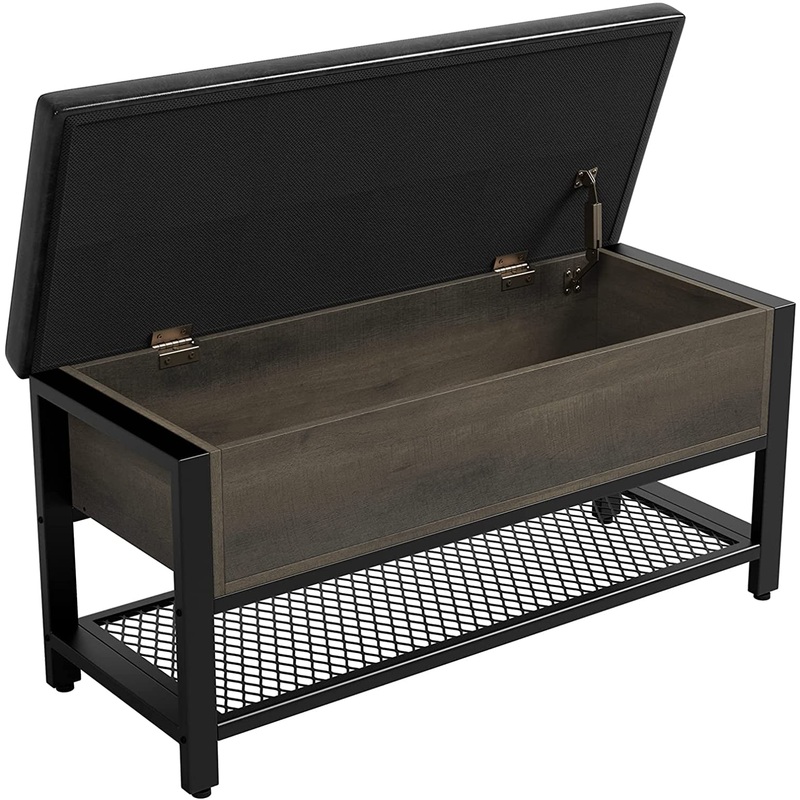 Industrial Storage Bench, Flip Top Long Shoe Bench, Bed End Stool with Leather Padded Seat and Steel Shelf, for Hallway, Foyer, Living Room, Bedroom, Dark Brown and Black Finish | Bigbigmart.com