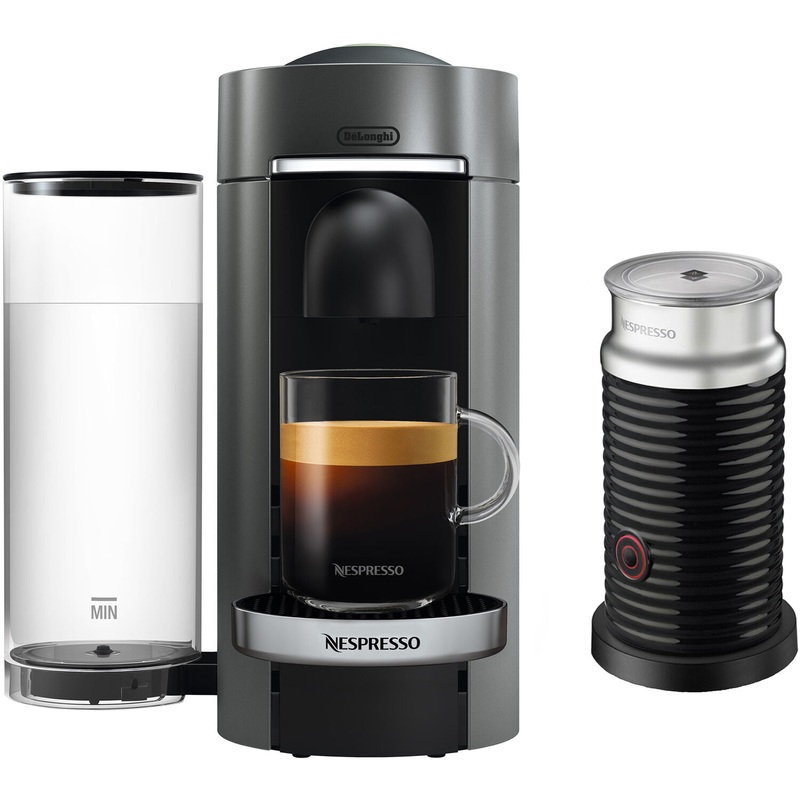 Nespresso by De’Longhi VertuoPlus Deluxe Coffee & Espresso Single-Serve Machine in Titanium and Aeroccino Milk Frother in Black | Bigbigmart.com