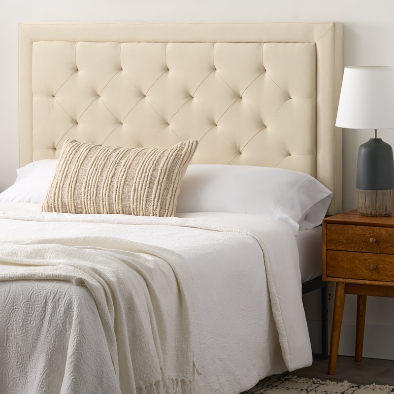Rest Haven Medford Rectangle Upholstered Headboard with Diamond Tufting, Queen, Cream | Bigbigmart.com