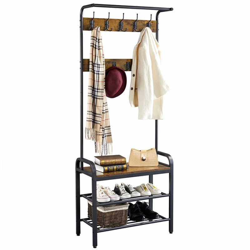 SmileMart 72 Industrial Entryway Hall Tree with Bench and Storage, Rustic Brown | Bigbigmart.com