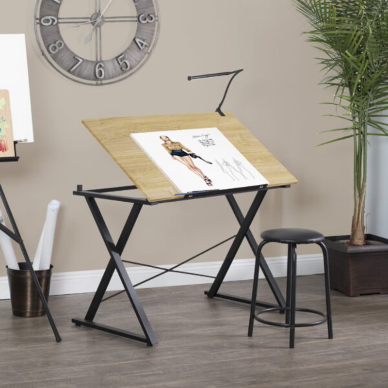 Studio Designs Axiom Metal and Laminate Drawing Table with 42 Inch Wide Adjustable Top in Black/Ashwood | Bigbigmart.com