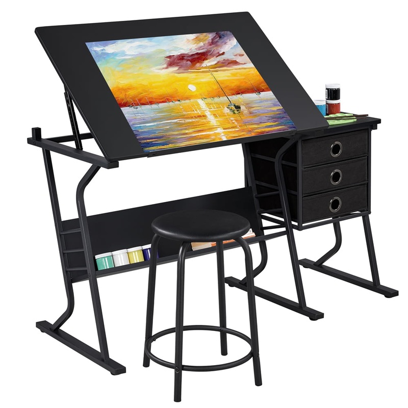 Yaheetech 3 Drawers Drafting Table & Stool Set For Artists Tilting Tabletop with Additional Side Countertop, Black | Bigbigmart.com