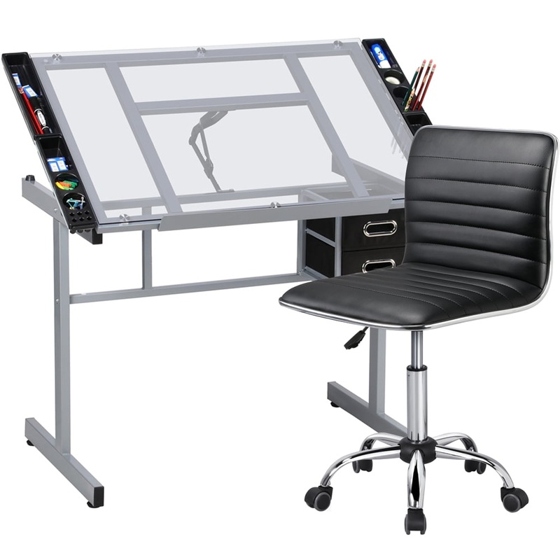 Yaheetech Adjustable Glass Drafting Drawing Table w/Storage Drawers + PU Leather Low Back Armless Chair, Black | Bigbigmart.com