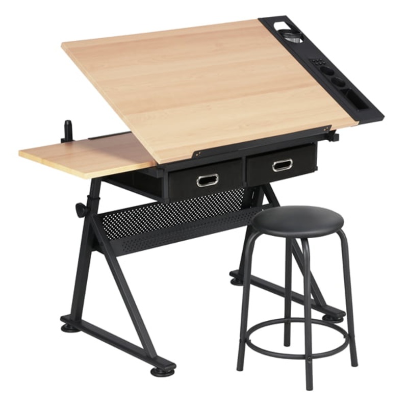 Yaheetech Adjustable Height Drawing Table Drafting Desk with P2 Tiltable Tabletop, Stool and 2 Drawers | Bigbigmart.com