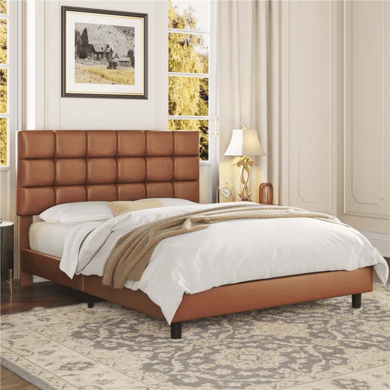 Alden Design Upholstered Tufted Platform Full Bed, Amber Brown | Bigbigmart.com