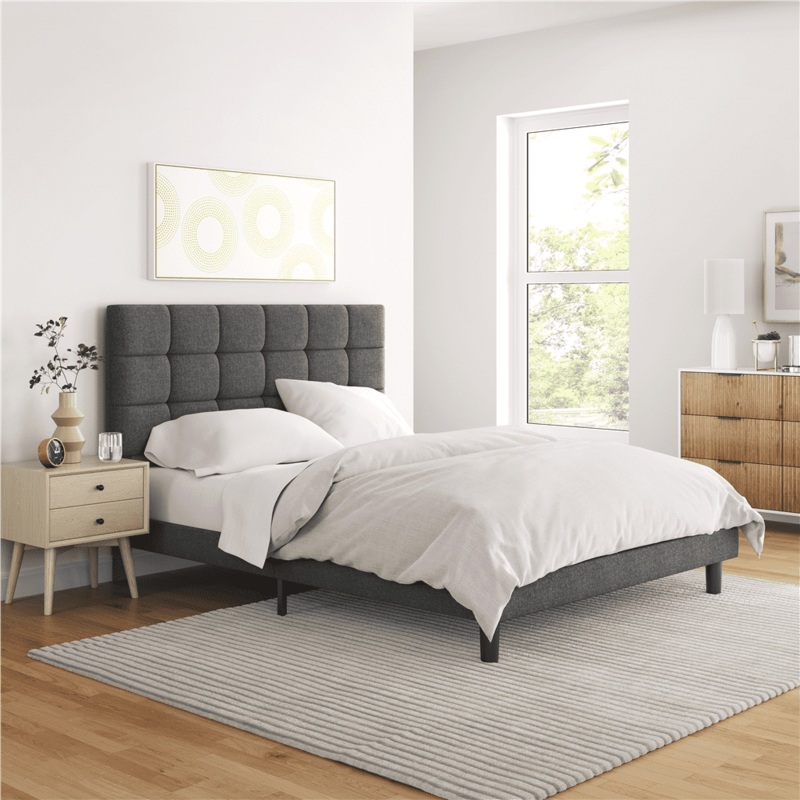 Alden Design Upholstered Tufted Platform Full Bed, Dark Gray | Bigbigmart.com