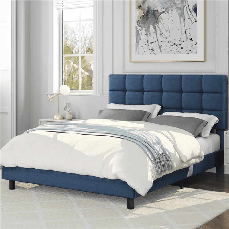 Alden Design Upholstered Tufted Platform Full Bed, Navy Blue | Bigbigmart.com