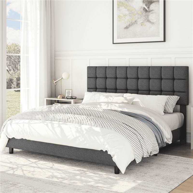 Alden Design Upholstered Tufted Platform King Bed, Dark Gray | Bigbigmart.com
