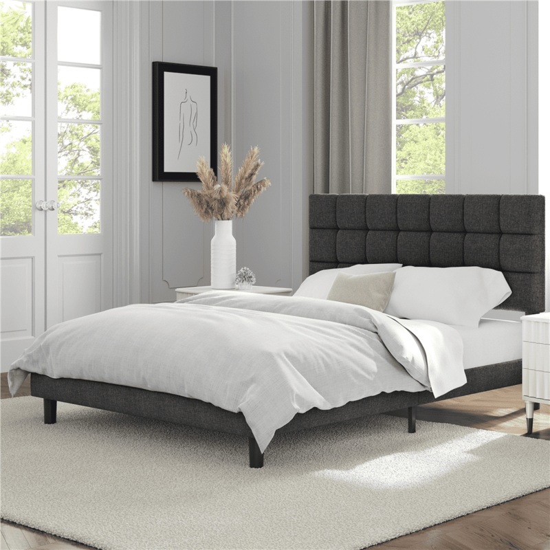 Alden Design Upholstered Tufted Platform Queen Bed, Dark Gray | Bigbigmart.com