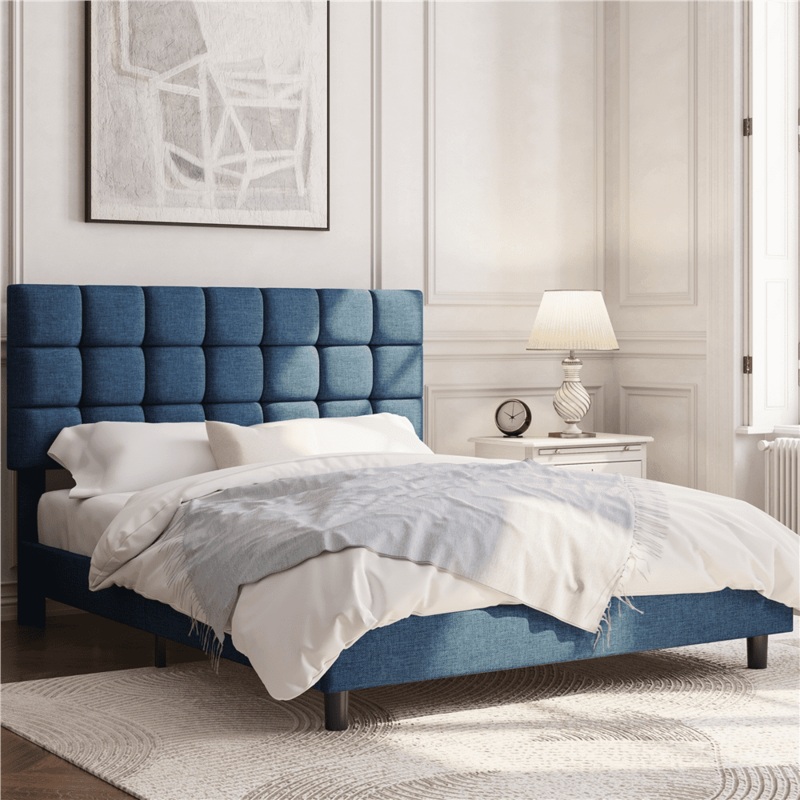 Alden Design Upholstered Tufted Platform Queen Bed, Navy Blue | Bigbigmart.com