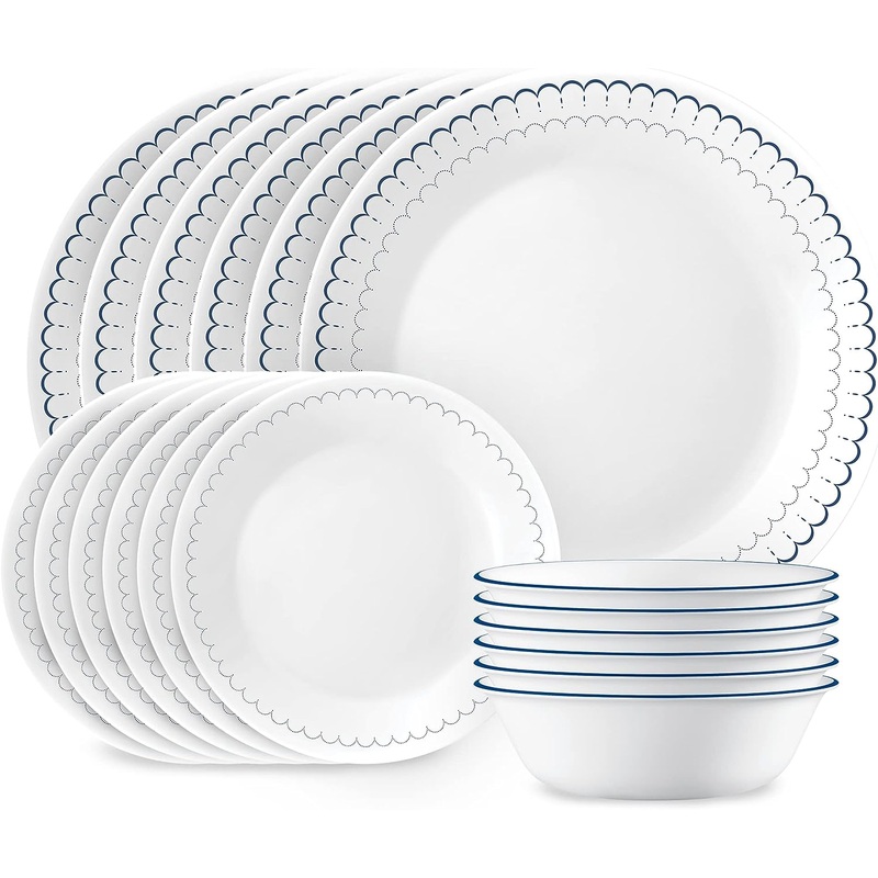 Corelle 18-Piece Dinnerware Set, Service for 6, Lightweight Round Plates and Bowls Set, Vitrelle Triple Layer Glass