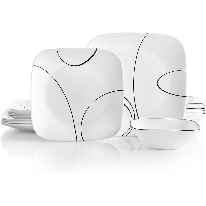 Corelle 18-Piece Service for 6 Dinnerware Set, Triple Layer Glass and Chip Resistant, Lightweight Square Plates and Bowls Set, Simple Lines | Bigbigmart.com