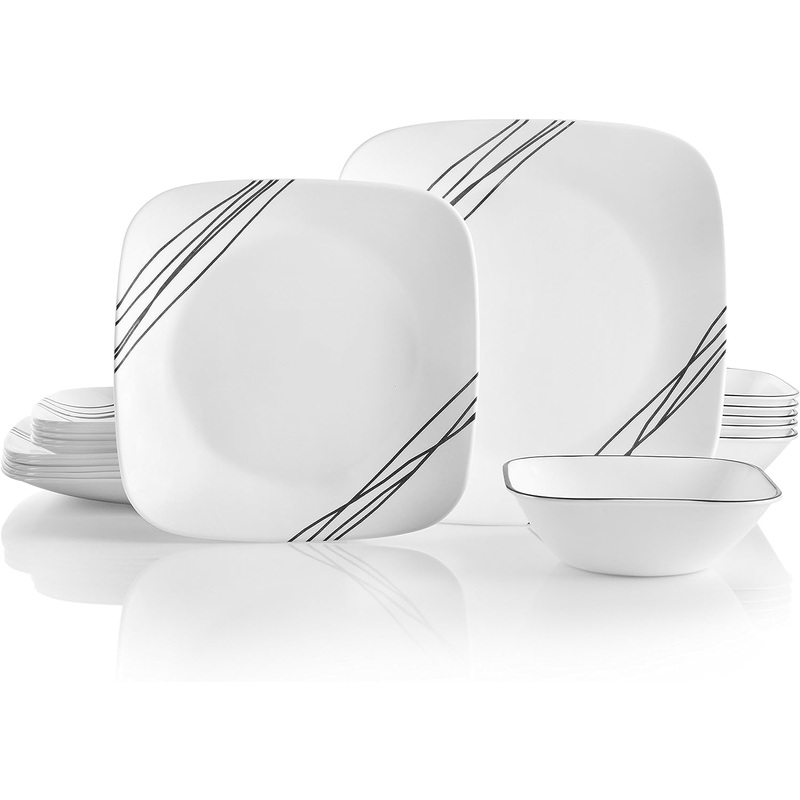 Corelle Vitrelle 18-Piece Service for 6 Dinnerware Set, Triple Layer Glass and Chip Resistant, Lightweight Square Plates and Bowls Set, Simple Sketch | Bigbigmart.com