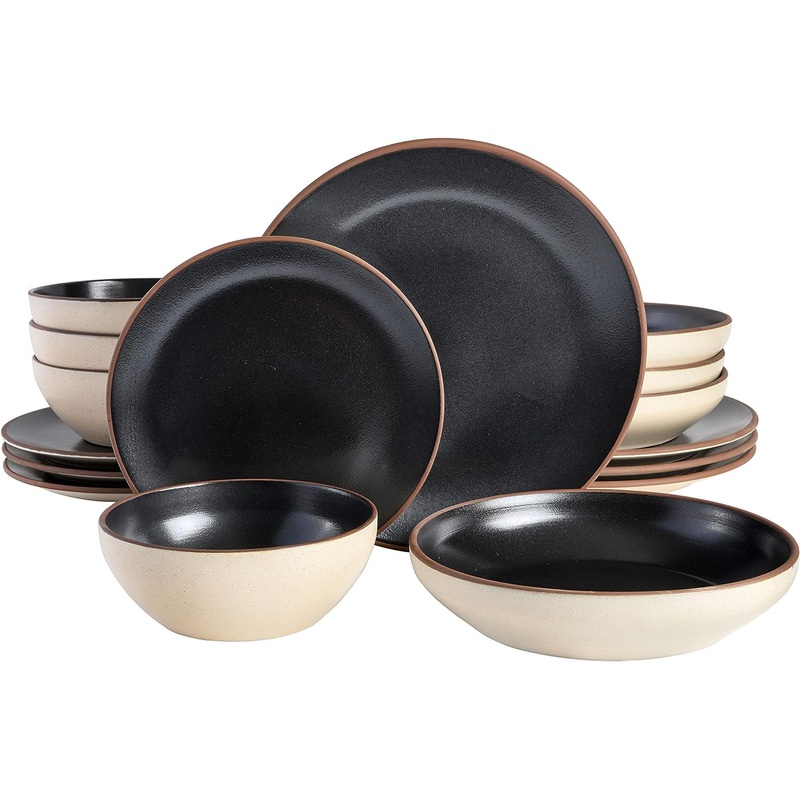 Gibson Elite Contempo Classic Double Bowl Dinnerware Set, Service for 4 (16pcs), Black | Bigbigmart.com