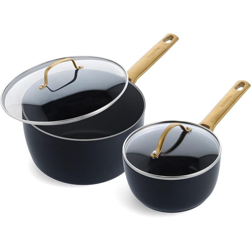 GreenPan Reserve Hard Anodized Healthy Ceramic Nonstick, 1.5QT and 3QT Saucepan Pot Set with Lids, Gold Handle, PFAS-Free, Dishwasher Safe, Oven Safe, Black | Bigbigmart.com