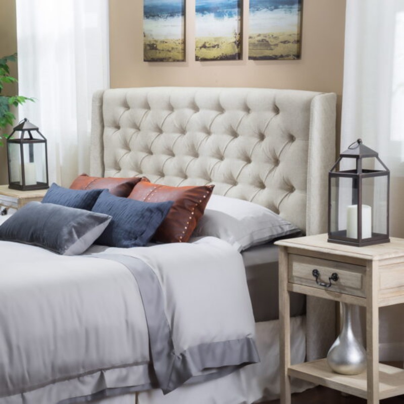 Noble House Ashley Full/Queen Wingback Tufted Beige Fabric Headboard | Bigbigmart.com