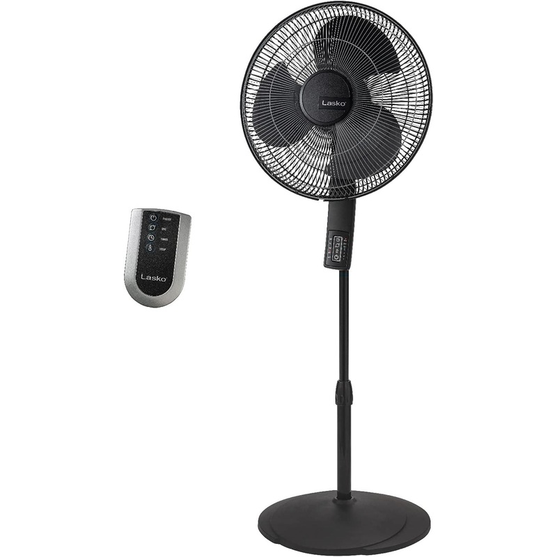 Lasko Oscillating Pedestal Fan, Thermostat, Adjustable Height, Remote Control, Timer, 4 Speeds, for Bedroom, 16, Black, S16612