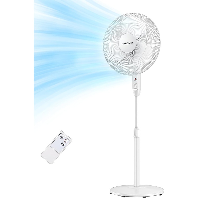 PELONIS 16” Pedestal Remote Control Oscillating Stand Up Fan 7-Hour Timer, 3-Speed, and Adjustable Height,Electric Cooling Fans for Home Office Bedroom Use, White | Bigbigmart.com
