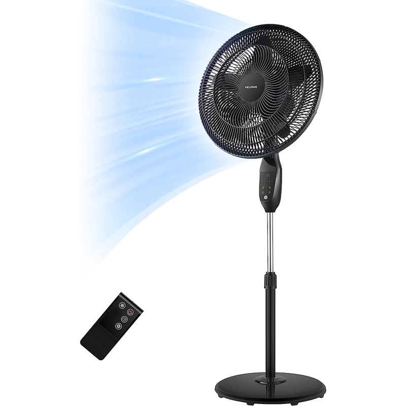PELONIS PFS45A5BBB 18 inch 5-Blade Oscillating, Adjustable Standing Pedestal Remote, LED Display, 5 Speed Setting and 7-Hour Timer Fan, Black | Bigbigmart.com