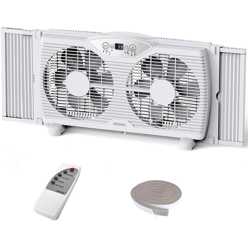 shinic Twin Window Fan with Remote, 9-Inch Blades Reversible Airflow, Thermostat Control, 3 Speeds, 3 Functions, 23.8-37 Expandable Width, Window Exchaust Fans for Home Bedroom, ETL Certified | Bigbigmart.com