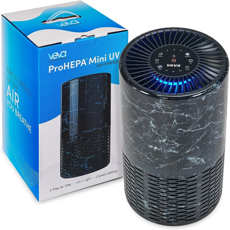 Veva Black Circular Air Purifier, Compact and Modern with UV-C Light, HEPA Filter, 3 Speed Settings, Soft Light, 220 sqft coverage | Bigbigmart.com