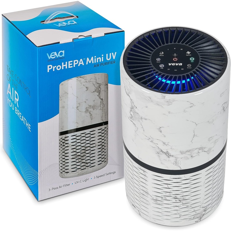 Veva White Circular Air Purifier, Compact and Modern with UV-C Light, HEPA Filter, 3 Speed Settings, Soft Light, 220 sqft coverage | Bigbigmart.com
