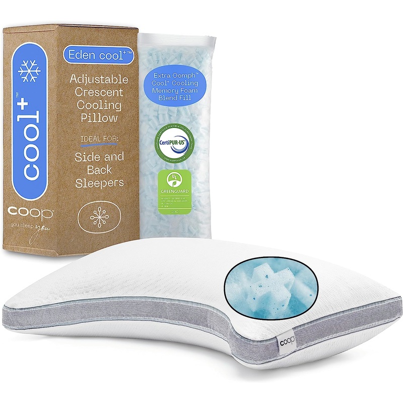 Coop Home Goods Eden Cool+ Crescent Pillow, Queen Size Plus Shaped Memory Foam Pillows with Cooling Gel, Back or Side Sleeper Pillow, Adjustable Neck Support for Sleeping, CertiPUR US/GREENGUARD Gold | Bigbigmart.com