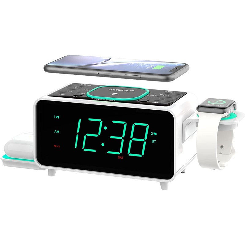 Emerson Radio Smartset Alarm Clock FM Radio with Wireless Charging, Bluetooth Speaker, Fast Charging for Airpods/iPhone, Foldable Stand, USB Charger, Adjustable LED Glow, ER100501, Black/Neon | Bigbigmart.com