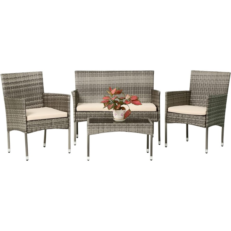 FDW Patio Conversation Set 4 Pieces Patio Furniture Set Wicker with Rattan Chair Loveseats Coffee Table for Outdoor Indoor Garden Backyard Porch Poolside Balcony,Gray Wicker/Khaki Cushions | Bigbigmart.com