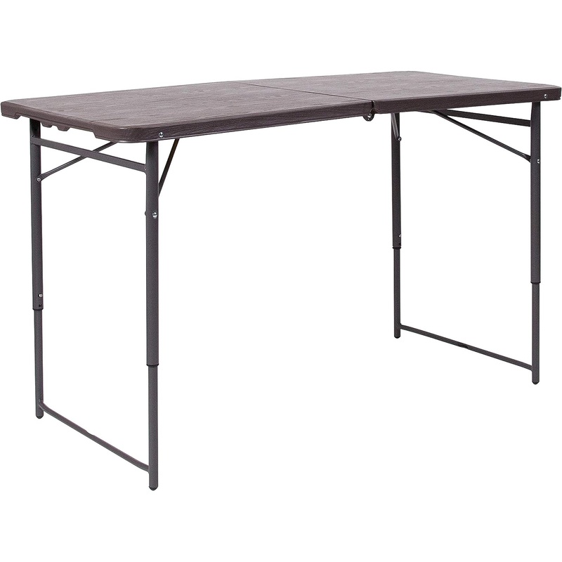 Flash Furniture Mills 4-Foot Height Adjustable Bi-Fold Brown Wood Grain Plastic Folding Table with Carrying Handle | Bigbigmart.com