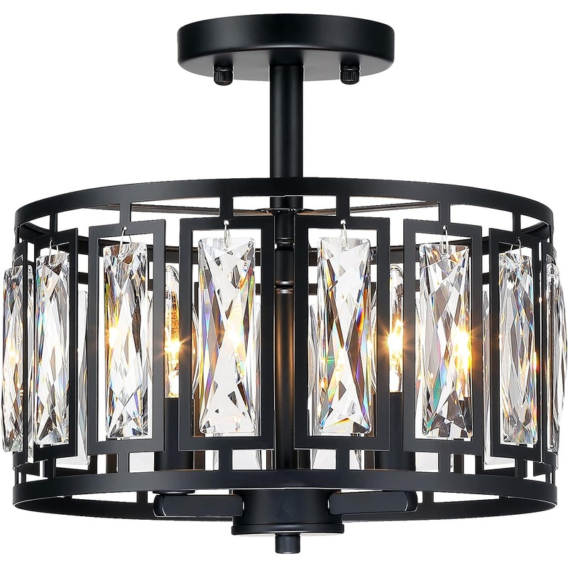 Giiland Modern Crystal Semi Flush Mount Ceiling Light Industrial Close to Ceiling Light Crystal Drum Shade Chandelier, 3-Light Black Ceiling Lamp