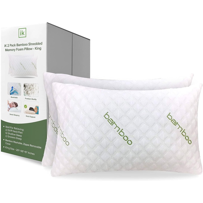 ik Bamboo Pillow – King Size Set of 2 Adjustable Shredded Memory Foam Neck Support Bed Pillow for Side, Back and Stomach Sleepers – Breathable Pillows for Sleeping with Washable Cover | Bigbigmart.com