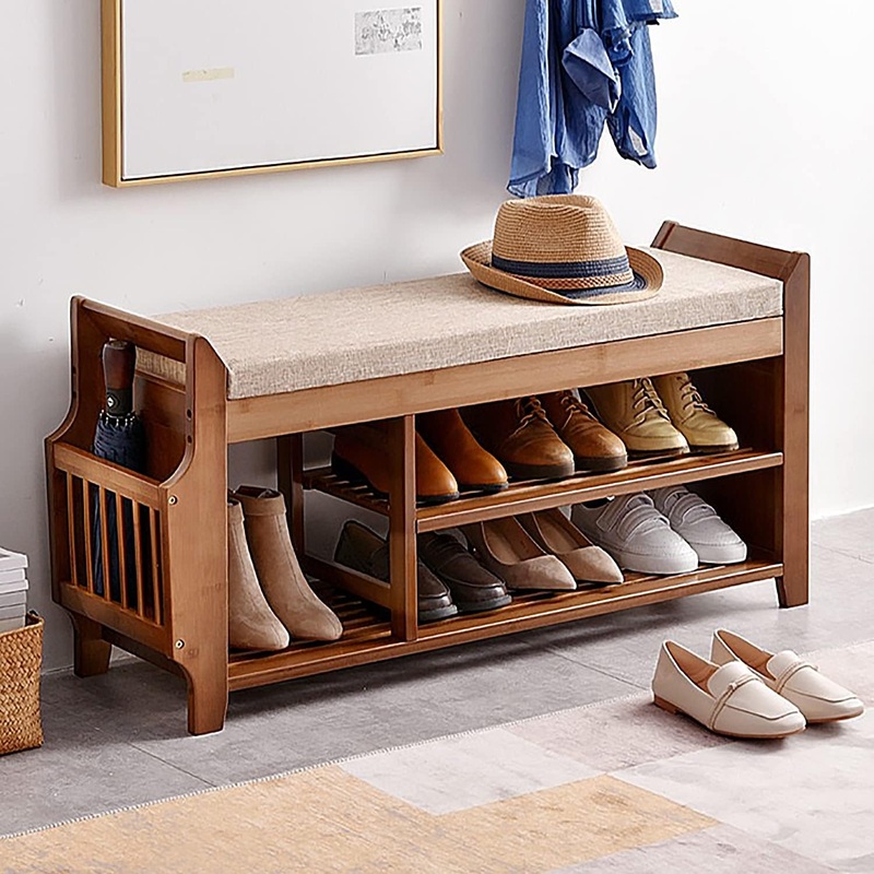 PETKABOO 2 Tier Shoe Bench, Shoe Rack with Hidden Drawer and Side Holder, Shoe Storage Bench Organizer for Entryway Hallway Living Room, Bamboo Material | Bigbigmart.com
