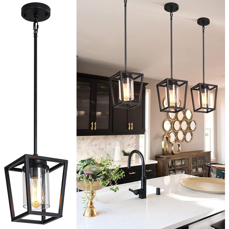 SGLfarmty Black Pendant Lights Kitchen Island, 1-Light Pendant Light Fixtures, Farmhouse Kitchen Island Lighting, Metal Cage Hanging Light with Glass Shade for Hallway, Entryway | Bigbigmart.com