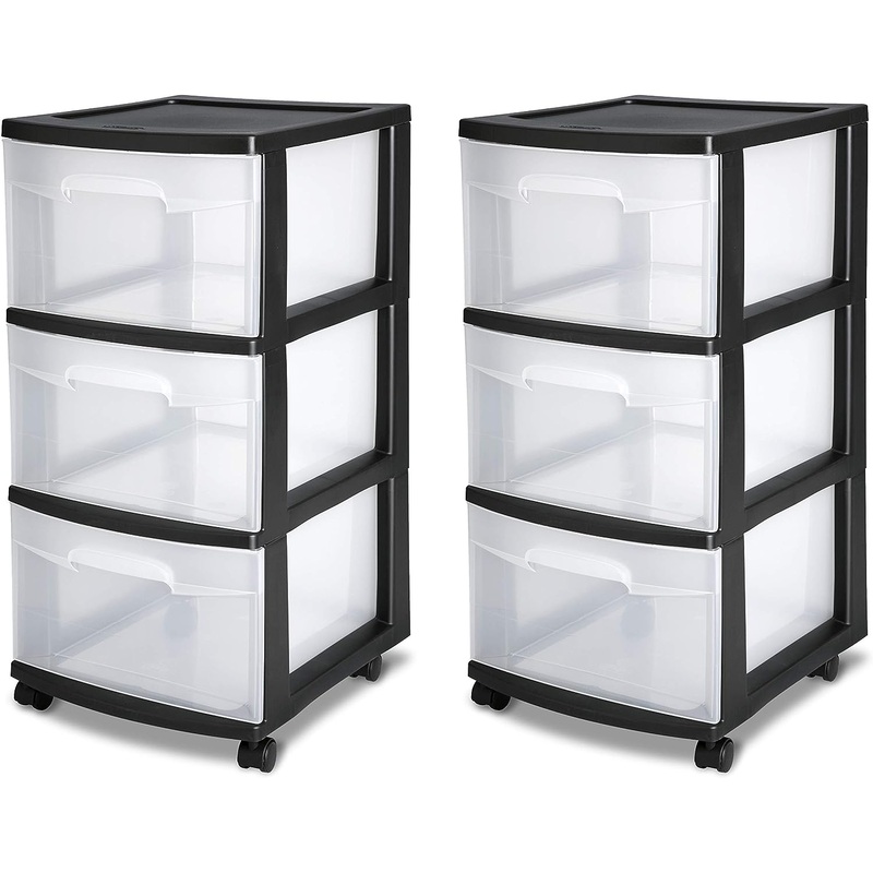 Sterilite 28309002 3 Drawer Cart, Black Frame with Clear Drawers and Black Casters, 2-Pack | Bigbigmart.com
