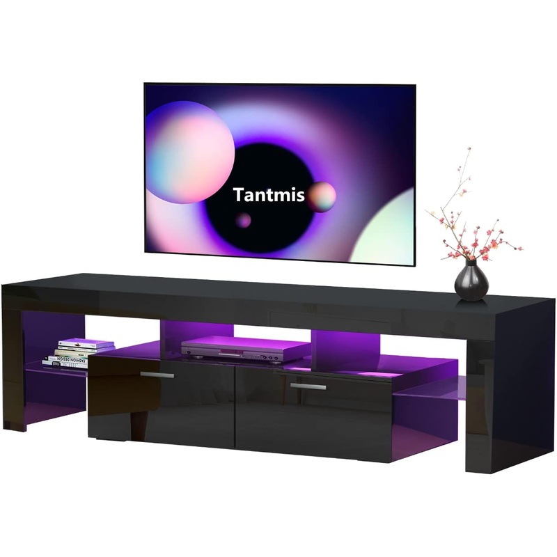 Tantmis Black LED TV Stand for 55/65/70/75 inch TV, TV Media Center, Modern Entertainment Center with Large Storage for Living Room, Bedroom, Gaming TV Stand, 63’W*14’D*18’H | Bigbigmart.com