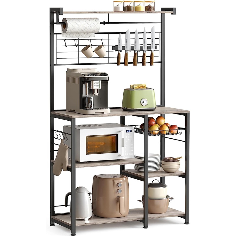 VASAGLE Bakers Rack with Magnetic Knife Holder, Paper Holder, Wire Basket, 8 Hooks, Organizers and Storage, Baker’s Rack with Wire Basket, Ebonized Oak Finish and Black UKKS026B42 | Bigbigmart.com