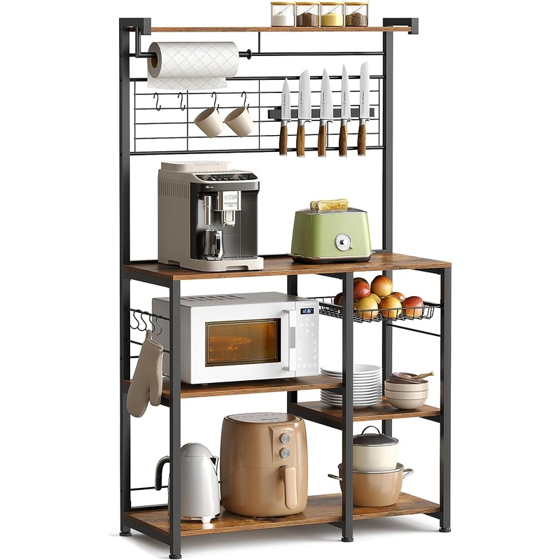 VASAGLE Bakers Rack with Magnetic Knife Holder, Paper Holder, Wire Basket, 8 Hooks, Organizers and Storage, Rustic Brown and Black UKKS026B01 | Bigbigmart.com