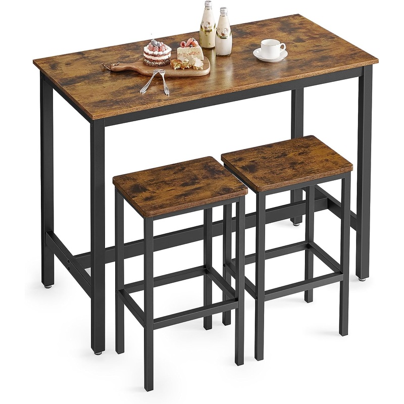 VASAGLE Bar Table Set, with 2 Bar Stools, Dining table set, Kitchen Counter with Bar Chairs, Industrial, Living Room, Party Room, Rustic Brown and Black ULBT15X | Bigbigmart.com