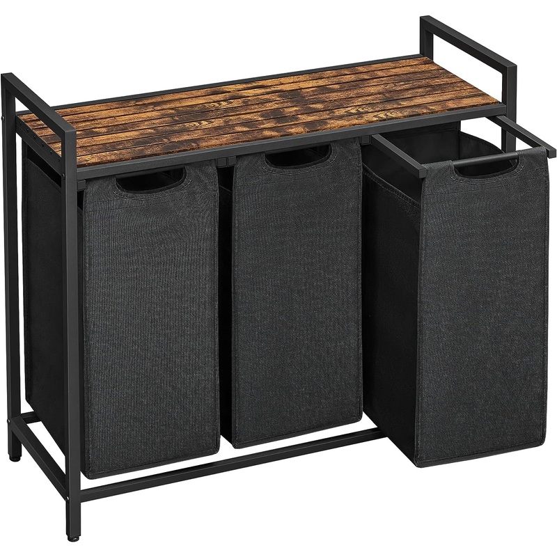 VASAGLE Laundry Hamper, Laundry Basket, Laundry Sorter with 3 Pull-Out and Removable Bags, Shelf, Metal Frame, 3 x 10 Gallons (38L), 36.4 x 13 x 28.4 Inches, Rustic Brown and Black UBLH301B01 | Bigbigmart.com