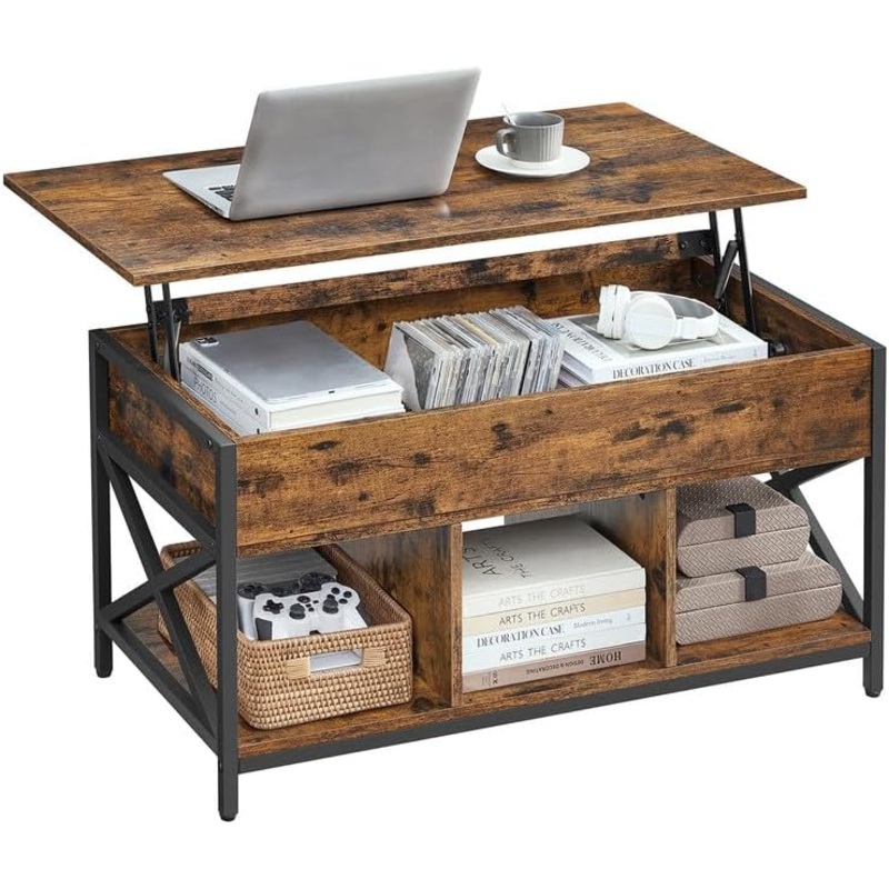 VASAGLE Lift Top Coffee Table for Living Room, Industrial Coffee Table with Hidden Compartments and Storage Shelf, Steel Frame, 19.7 x 39.4 x (19.3-24.4) Inches, Black with Wood Grain ULCT202B22 | Bigbigmart.com
