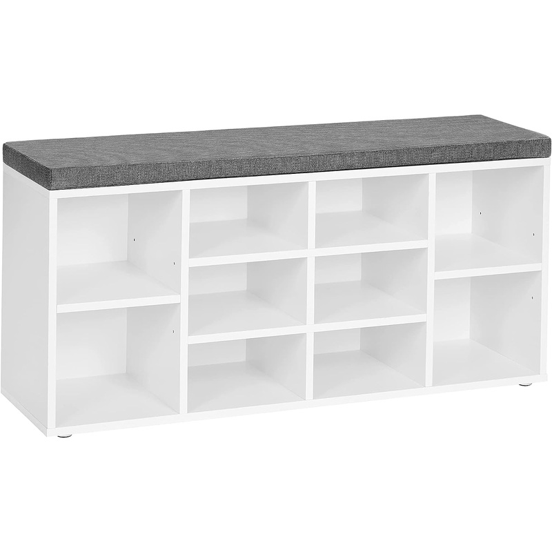 VASAGLE Rack Bench, Shoe Shelf, Storage Cabinet Compartments, with Cushion, for Entryway, 11.8 x 40.9 x 18.9 Inches, 10 Cubbies, White + Gray | Bigbigmart.com
