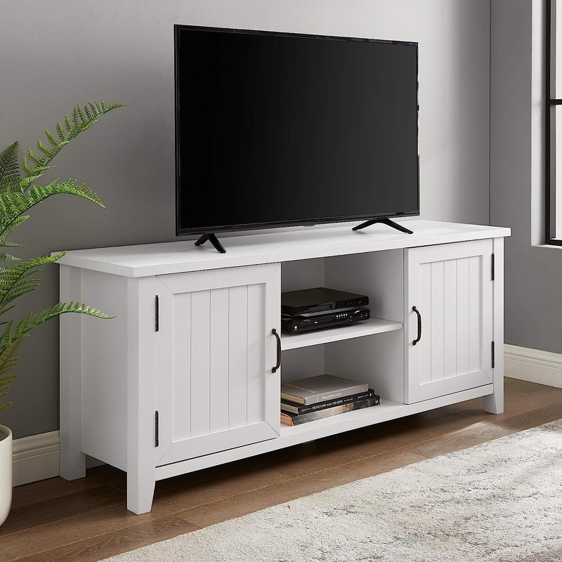 Walker Edison Buren Classic Grooved Door TV Stand for TVs up to 65 Inches, 58 Inch, Solid White | Bigbigmart.com